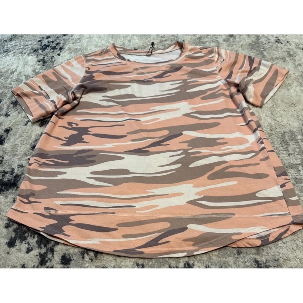 Womens XL X-large Pink Beige Camo Short Sleeve Flared Hem